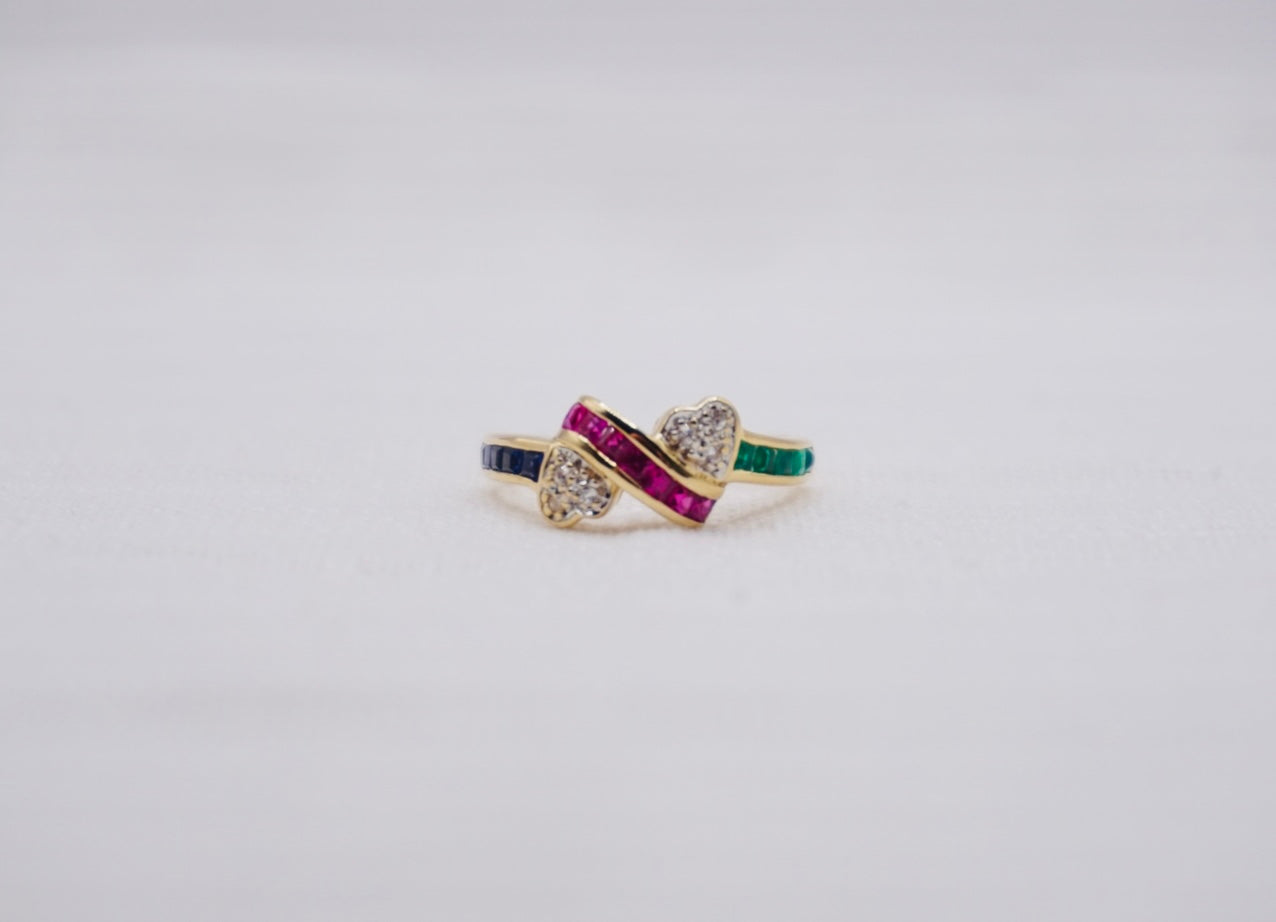 “Colourful hearts” Vintage Geelgouden ring