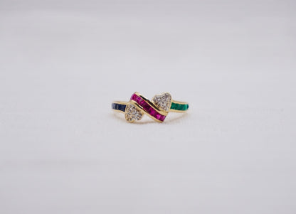 “Colourful hearts” Vintage Geelgouden ring