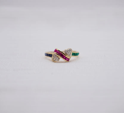 “Colourful hearts” Vintage Geelgouden ring